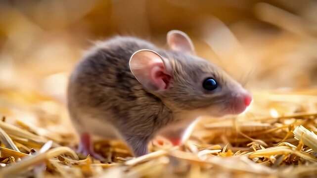 Curious mouse peeking through golden straw, a heartwarming moment of nature's intricate detail and adorable wildlife exploration