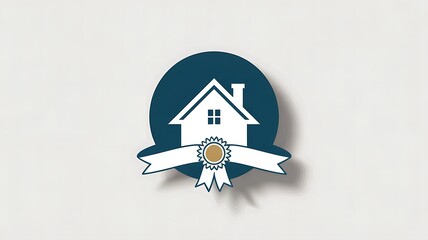 House with Ribbon Badge – Home Recognition, Real Estate Award, or Property Excellence Symbol

