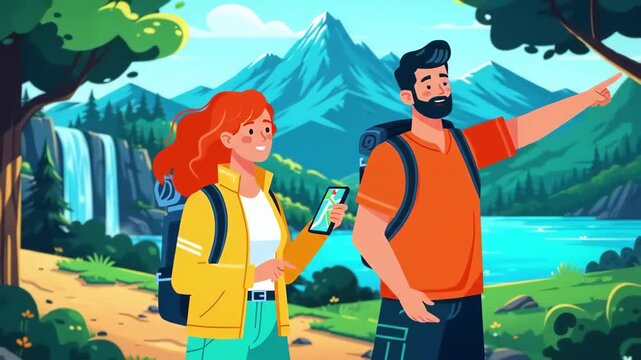 Flst vector of couple hiking in the mountains with a lake and waterfall, enjoying nature and the outdoors on a sunny day