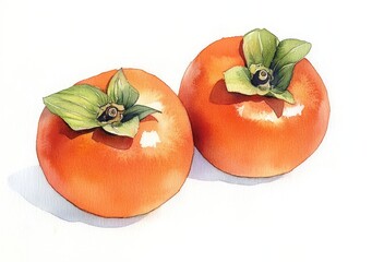 Two ripe persimmons with green leaves on a white background