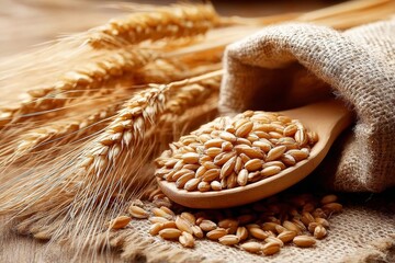 Wheat grains in a wooden spoon with ears of wheat and burlap background