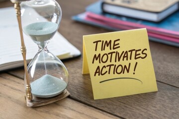 Motivational Message on Sticky Note with Hourglass in Modern Workspace Setting Inspiring Time Management and Productivity