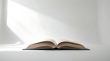 View of a blank open book, looking up at its inner pages from a very low angle. The book appears grand and inviting against the pure white backdrop.