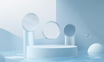 Minimalist white podium with circular mirrors in a serene, water-filled environment under soft blue lighting