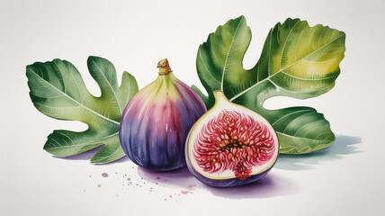 Fresh Figs Watercolor Painting  Purple Fruit  Green Leaves  Still Life