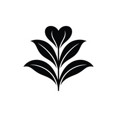 Elegant black silhouette of a heart shaped flower with leaves