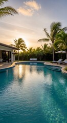 A tranquil pool area, framed by lush tropical foliage and a modern home, bathed in the golden hues of a tropical sunset.
