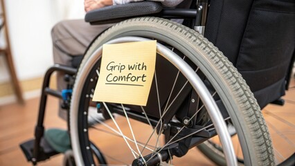 Obraz premium Wheelchair with Comfort Grip Sign, Highlighting Accessibility and Mobility Solutions for Enhanced User Experience and Independence