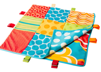Colorful Baby Sensory Blanket with Multiple Patterns and Tags soft fabric isolated on a transparent background