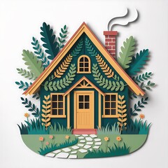 Charming Forest Cottage with Stone Pathway and Vibrant Greenery – Whimsical Paper Art Design

