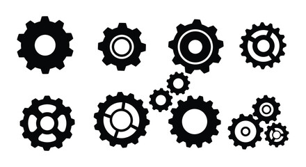 A collection of black gear icons in various sizes and designs
