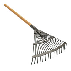 3D Render of a Metal Leaf Rake with Wooden Handle on a Gradient Background for Gardening and Yard Work