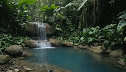 Obraz premium Small waterfall cascading into a clear blue pool surrounded by lush green tropical vegetation.