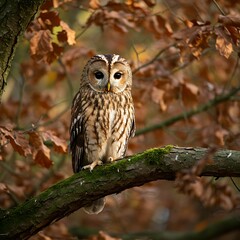 Obraz premium A tawny owl perched on a mossy branch in an oak tree with brown leaves, looking directly at the camera in a forest environment