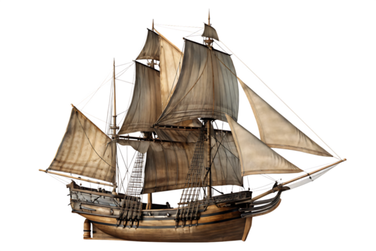 Detailed model of an antique sailing ship with full sails and rigging Keywords: sailing ship isolated on a transparent background