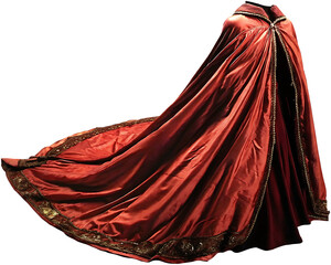Naklejka premium Dramatic Red Silk Cape with Long Train and Gold Embroidery cloak satin isolated on a transparent background