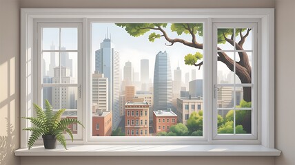 Window View of Modern Cityscape with Lush Greenery and Indoor Potted Plant

