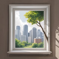 Framed Cityscape Through Window – Urban Skyline with Green Tree Branch and Natural Light

