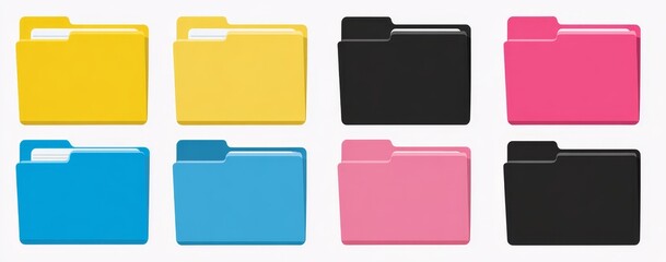 Flat vector icon set of folders in yellow, blue, pink and black colors on white background for organization, file management and digital interface.