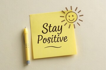 Inspirational sticky note with motivational phrase Stay Positive and cheerful sun drawing on beige surface with pen