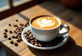 An unique and realistic still life of a steaming latte with heart art in a white cup on saucer, coffee beans on warm wood, with beautiful background 