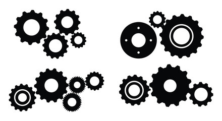 Black and white illustration of various sized interlocking mechanical gears