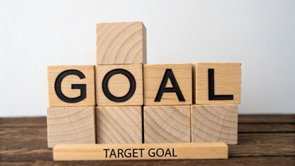 Wooden blocks with letters forming word goal and target goal on wooden table background for motivation and planning concept