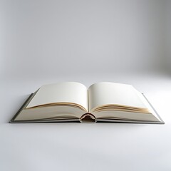 A blank open book, its cover a pristine white or light cream, complementing the pure white of its pages and the background. The studio lights create a uniform brightness.