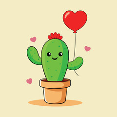 Cute cartoon cactus character in a pot holding a red heart shaped balloon with a happy smiling face and small pink hearts floating around it