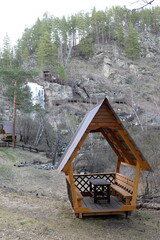 Gazebos for relaxation at Kamyshlinsky waterfall in Gorny Altai