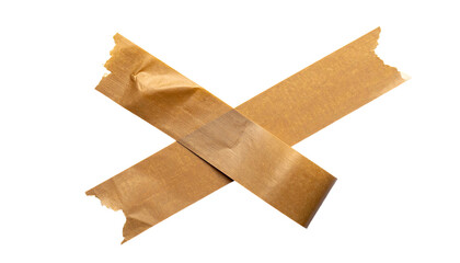 Two pieces of crossed, torn, light brownish-tan masking tape