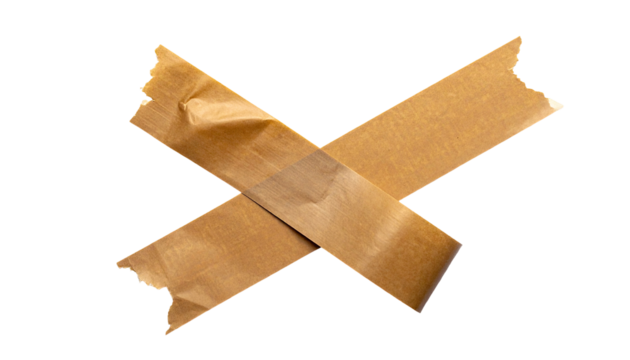 Two pieces of crossed, torn, light brownish-tan masking tape