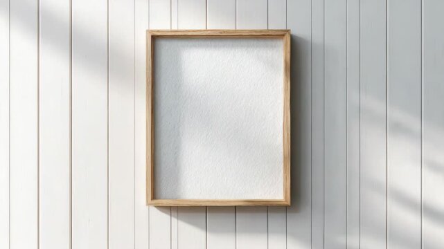 Empty wooden frame with textured paper hanging on vertical white wood wall, natural light shadows, concept of mockup or minimalist design