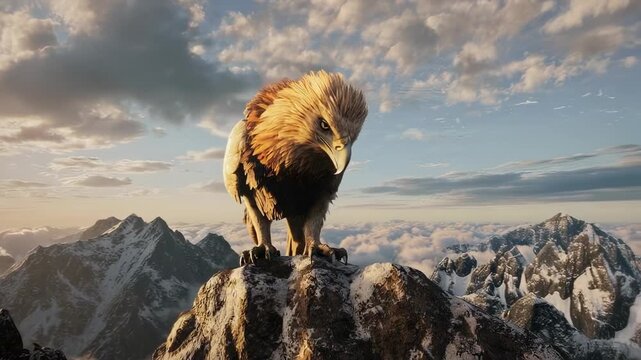 A majestic griffin perched on a craggy mountain peak at dawn