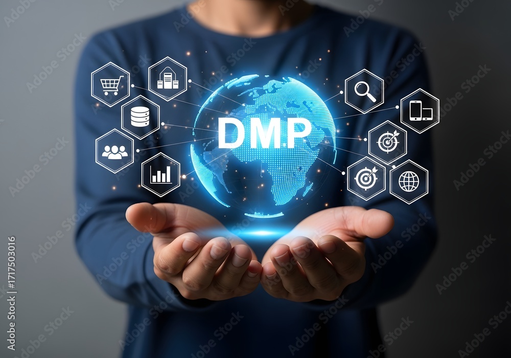 Poster a person holding a digital globe with dmp text and surrounding icons in their open hands close up