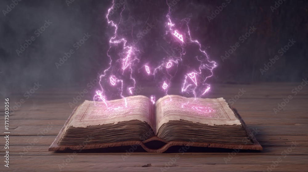 Poster mystical open book with glowing magic symbols and electric sparks emanating from pages in a dark and