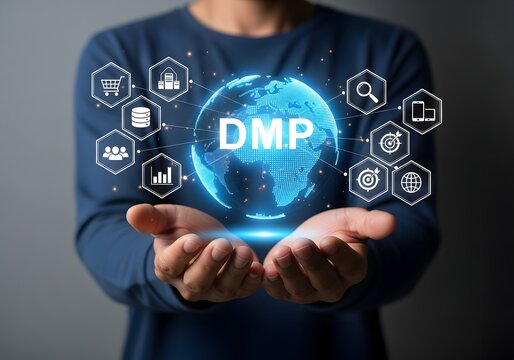A person holding a digital globe with dmp text and surrounding icons in their open hands close up