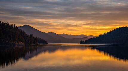 Fototapeta premium Tranquil Sunrise Over Mountain Lake Reflected in Calm Waters Surrounded by Lush Forest and Rolling Hills