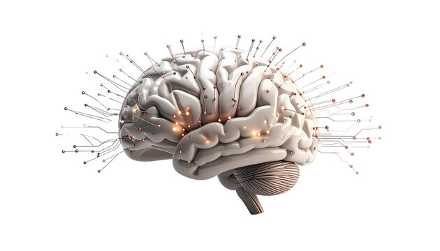 Human brain merging with AI technology, symbolizing innovation, artificial intelligence, and cognitive power isolated on solid white background Png