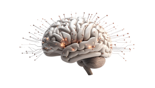 Human brain merging with AI technology, symbolizing innovation, artificial intelligence, and cognitive power isolated on solid white background Png