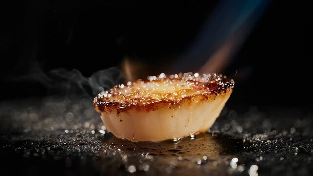 Macro slow-motion video of a scallop being seared with a blowtorch.
