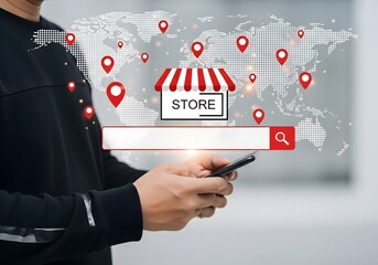 A person using a mobile phone with a store icon and map markers on a digital world map overlayed
