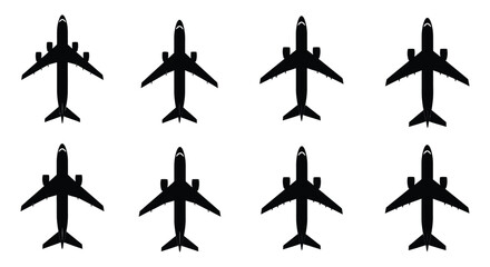 Eight black silhouettes of airplanes arranged in a grid pattern