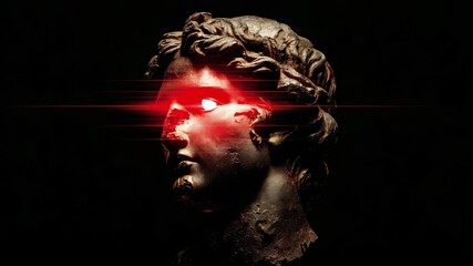 Ancient bronze bust sculpture with glowing red laser eyes, dramatic lighting, on dark background. Concept of futuristic classical fusion - Powered by Adobe
