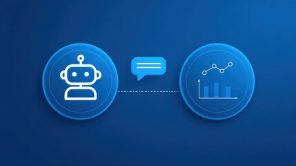 Futuristic chatbot communication with dialogue bubble and data visualization on blue background for technology and AI concepts