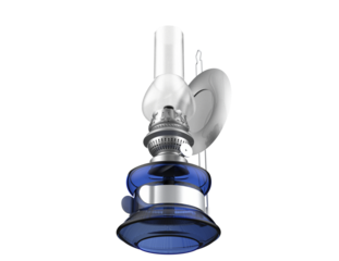 Detailed 3D Render of Vintage Kerosene Oil Lamp with Blue Glass Base and Clear Chimney, Isolated PNG on Transparent Background for Antique Home Decor and Traditional Illumination Design Asset.