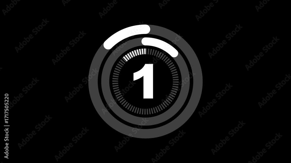 Poster 10 seconds countdown timer on a black background. 10 to 0, seconds circle countdown timer animation 