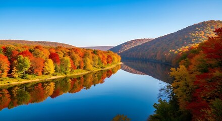 Serene autumnal landscape showcasing a river reflecting vibrant fall foliage, with hillsides covered in hues of orange, red, and yellow, mirroring the beauty of the season.
