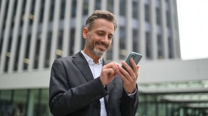 Smiling middle aged businessman in a suit using a smartphone outdoors with a modern building in the background