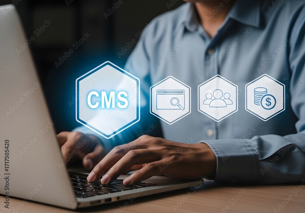 Aufkleber man typing on laptop with cms icon and other business icons floating above the keyboard area